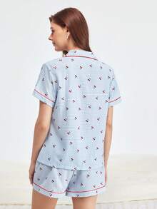 Bonmuse Bộ đồ ngủ in họa tiết quả anh đào ngọt ngào 2 món dành cho nữ, áo cổ ve cài nút tay ngắn và quần short nơ, đồ ngủ thường ngày mùa hè & đồ mặc nhà, bộ đồ hai mảnh, màu xanh nhạt mát mẻ - Màu xanh lam - Xem 2