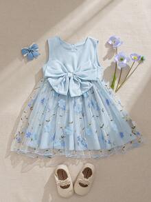 Souflis Souflis 法国新款女婴浅蓝色精致刺绣网纱无袖连衣裙，配3D蝴蝶结，适合派对、外出及各种场合。 - 淺藍色 - 查看 1