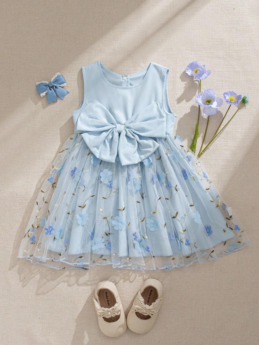 Souflis Souflis 法国新款女婴浅蓝色精致刺绣网纱无袖连衣裙，配3D蝴蝶结，适合派对、外出及各种场合。 - 淺藍色 - 查看 1