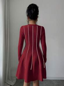 SHEIN Elenzya 秋冬韩版优雅撞色圆领长袖收腰短款泡泡袖连衣裙 - 紅色 - 查看 2