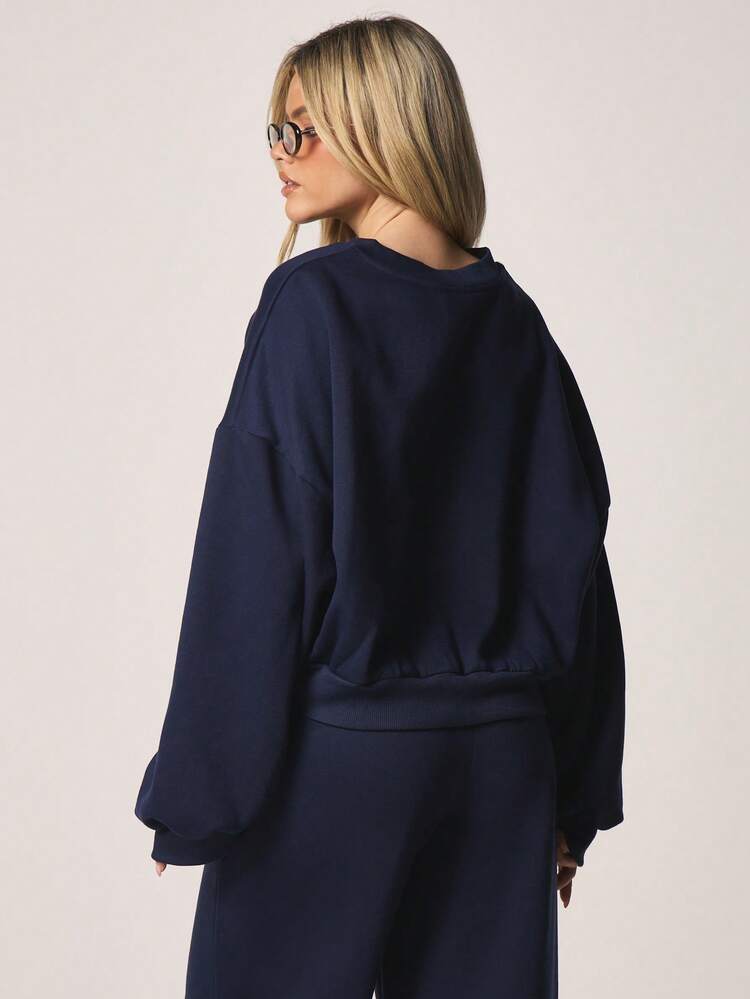 MISSGUIDED Women Navy V Neck Sweatshirt New York Manhattan Script Print Long Sleeve Pullover Winter Fall Casual Comfort Top