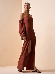 Zivah 2026春夏新品音乐节、复活节、圣帕特里克节、情人节、约会、西部风、游牧风、生日派对、毕业典礼、学院风、学生装、日常休闲、百搭基础款、休闲、度假、邮轮旅行、海滩、日光浴、爆款、街头风、婚礼宾客波西米亚风、通勤、早午餐、机场、派对、假日郊游、办公装、宽松无肩带长袖可拆卸两穿长款亚麻纹理棕色连衣裙 - 棕色 - 查看 4