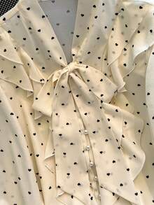 Franclia Women's New Spring/Summer Elegant And Sweet Ruffled, Heart-Shaped Tie-Front Long-Sleeved Shirt,Women's Shirts For Spring And Summer, Women's Spring Outfits With Shirts, Women's Valentine's Day Outfits With Shirts, Women's Valentine's Day Clothing (Shirts), Elegant Women's Shirts, Women's Heart-Patterned Shirts, White Women's Shirts - Beige - View 5