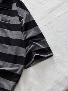 AXEPEAK Men's Casual Loose Striped Polo Collar Short Sleeve T-Shirt, Screen Print, Summer - Black - View 3