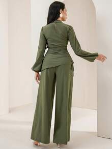 Veilorie 2pcs Women Casual Solid Color Side Ruched Long Sleeve Top And Pants Set, Autumn - Blue - View 6