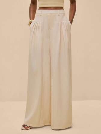 SHEIN Veneréa 度假休闲纯色前褶阔腿裤