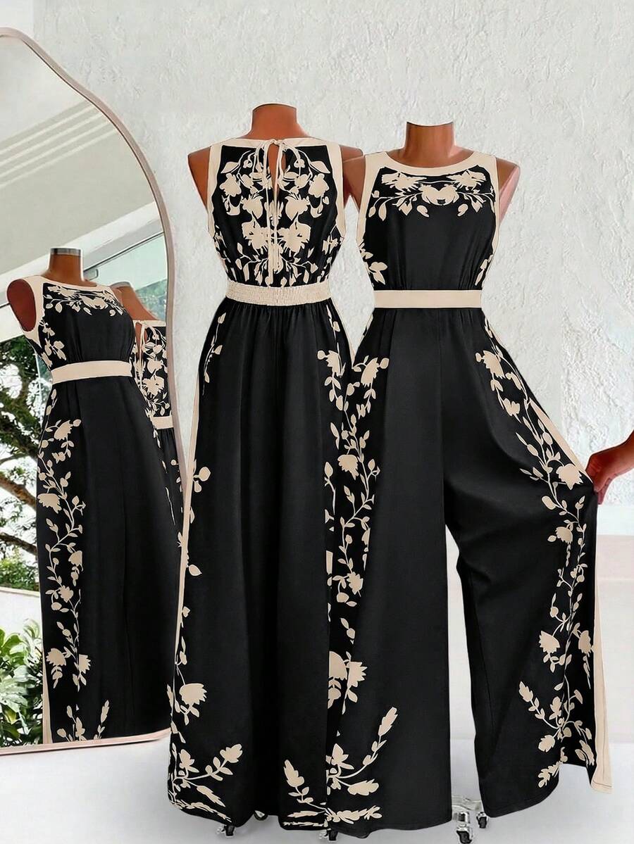 SHEIN Clasi 女士优雅露背连体裤，宽松版型，撞色印花 - 黑色 - 查看 1