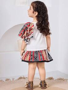 Baby Girl Geometric Print Ruffle Trim Round Neck Top And Skirt Casual Set - Black - View 4