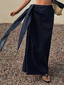 DAZY Women's Side Tie Loose Straight Long Skirt, Casual And Elegant Denim A-Line Skirt - Dark Wash - View 6