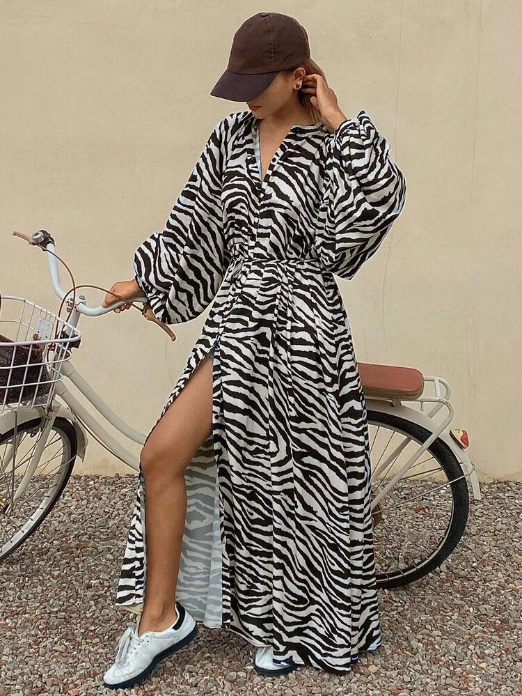 Women's Leopard Print Cardigan Waist Maxi Casual Dress Vacation Sundress