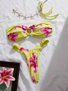Costavie Women's New Printed Halter Hollow Front Swimwear Top With Elastic Waist Swim Bottoms, Sexy Swimwear Set - Multicolor - View 4