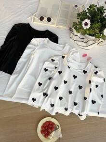 Set de 3 blusas de manga larga con cuello redondo y manga abullonada para niñas, de estilo casual y versátil a lunares blanco y negro, para primavera/verano - Multicolor - Ver 3