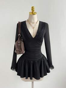 Elamini 女士休闲黑色V领荷叶边修身褶皱长袖短连衣裙