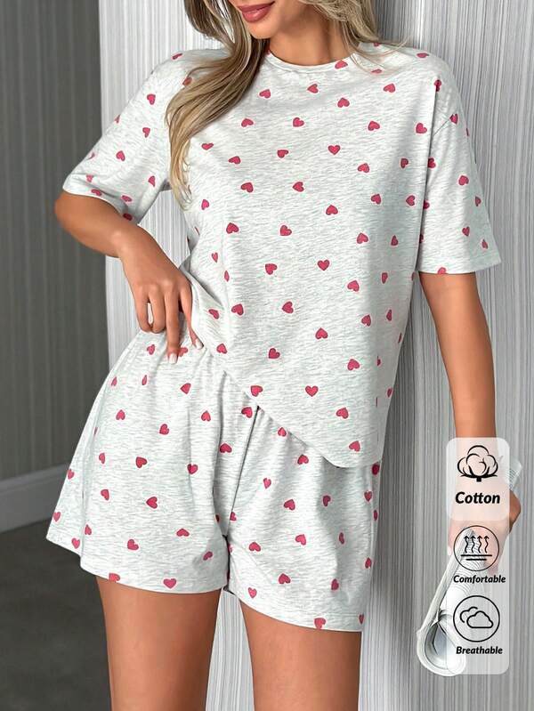SHEIN Cotton Women 2 Pcs Heart Pattern Round Neck SHORT Sleeve Top&Sleep Shorts Homewear Comfort Lounge Pajama Set For Ladies