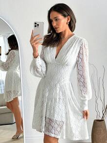 EURMUSE White Long Sleeve Lace Short Dress With Deep V-Neck And Cuffed Sleeves - White - View 2