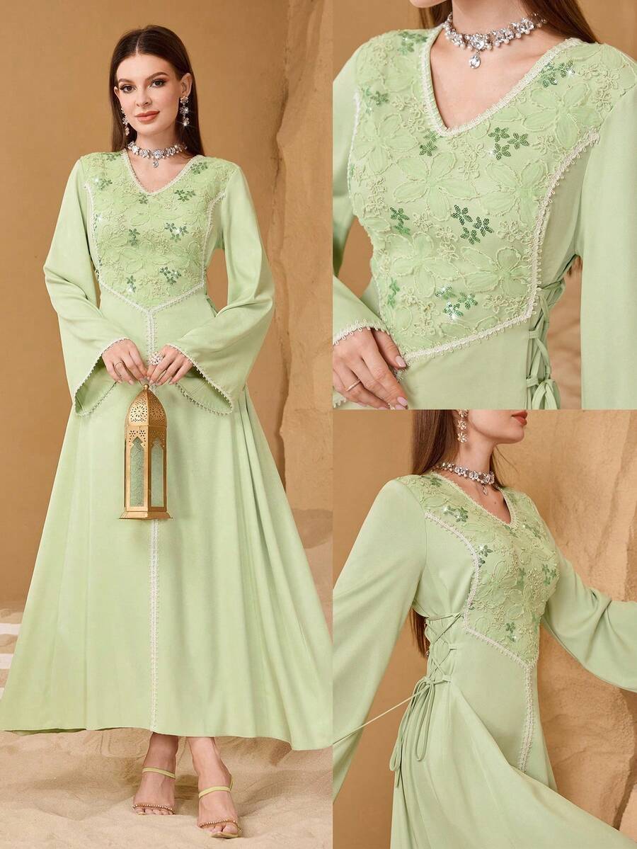 Al Najma 女士V领蕾丝刺绣收腰提花修身长袖连衣裙,优雅派对之选 - 薄荷綠 - 查看 1