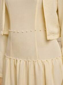 Modelyn Bộ váy và áo khoác dài tay màu trơn đính ngọc trai giả dành cho nữ, kiểu dáng xếp ly, thời trang cho kỳ nghỉ và du lịch. - Vàng nhạt - Xem 5