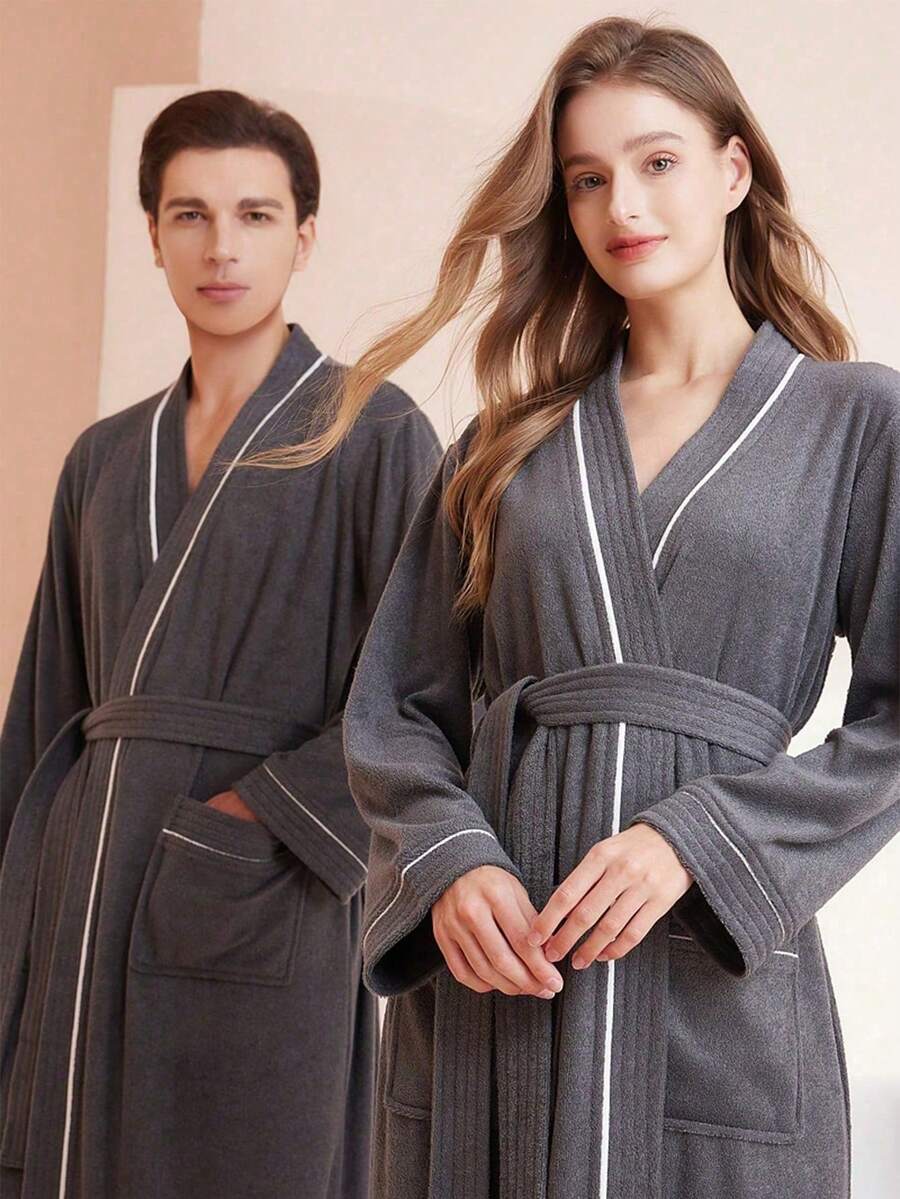 1pc Waffle Bathrobe, Adult Men's And Women's Bathrobe, Spring And Summer Bathrobe, Homestay Bathrobe, Absorbent Quick Drying, Loose Version, Bathroom Items, Household Items - Dark Grey - View 1