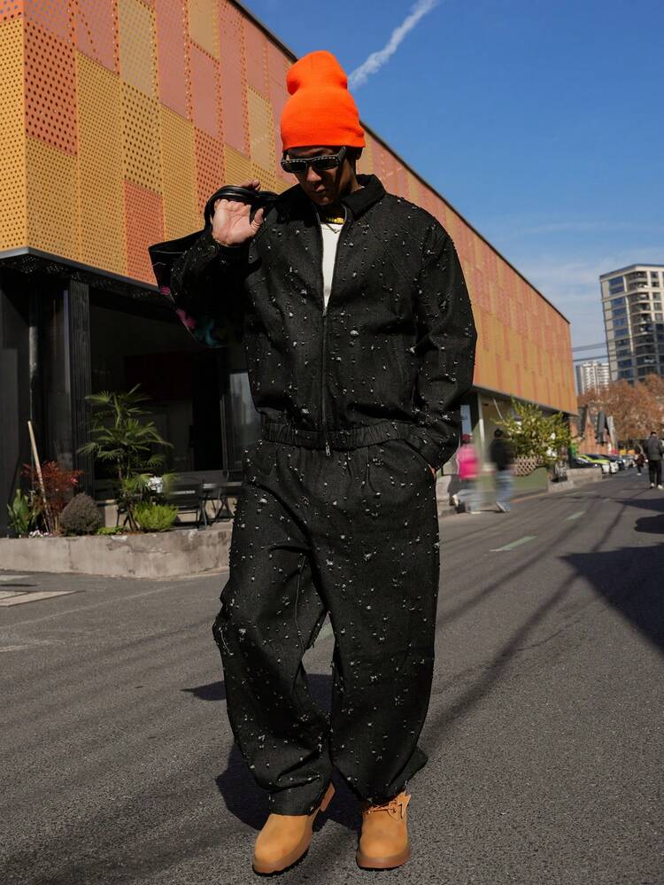 Men's Distressed Black Denim Suit Set, Suitable For Spring And Autumn
