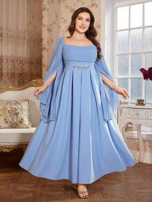 Reflora 大码优雅纯色披肩袖连衣裙，适合派对穿着 - 藍色 - 查看 7