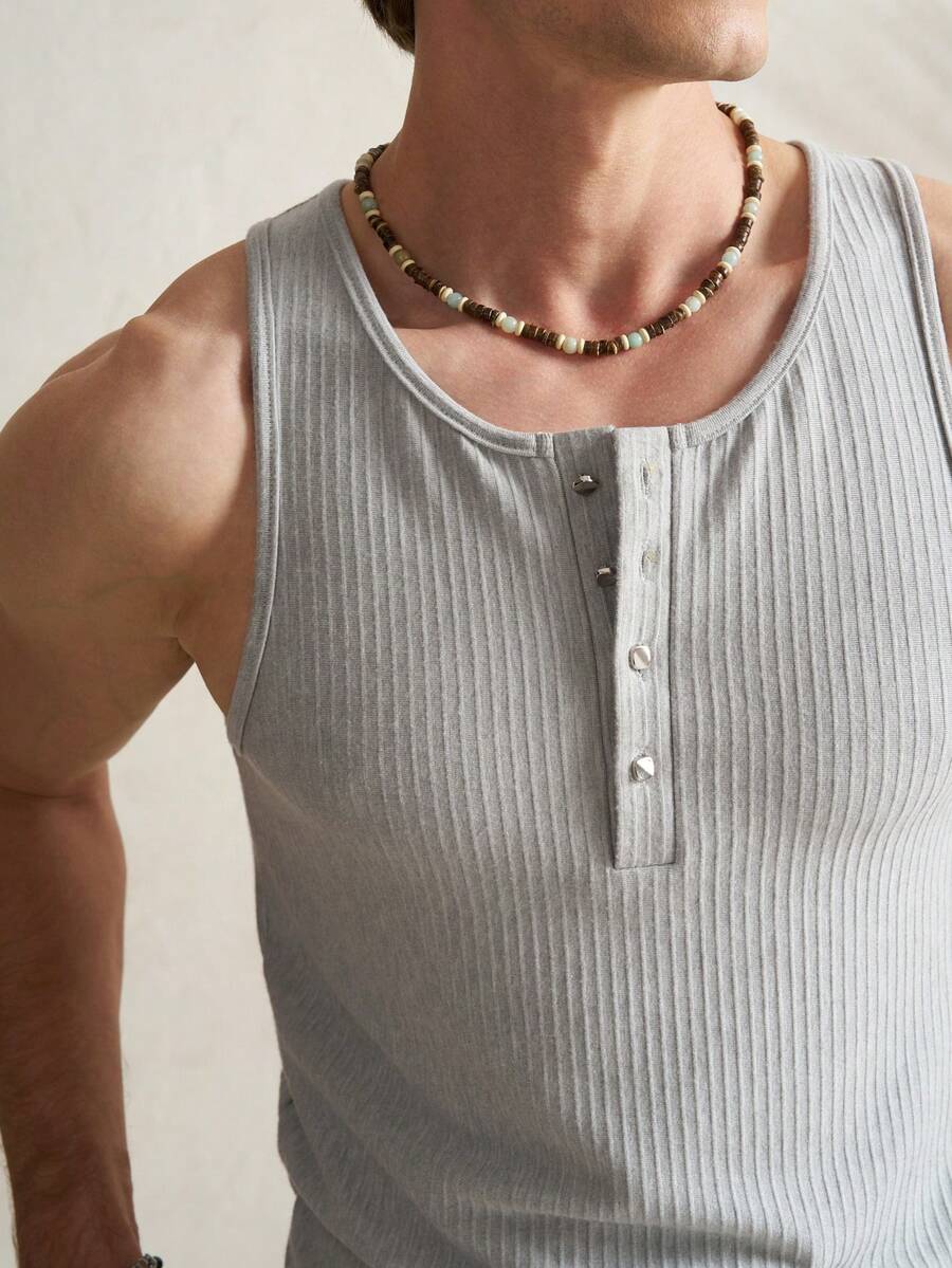 Airaco Top sin mangas de cuello redondo de unicolor minimalista, top ajustado versátil y casual con diseño de botones, para verano - Gris - Ver 1