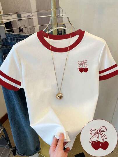 Teen Girl Casual Cherry Graphic Short Sleeve Round Neck T-Shirt, Suitable For Summer, American Preppy Style, Fitted White Tee For Daily Wear, Red Floral Striped Fashion Everyday Comfortable Versatile Fruit Heart Bow Spring Summer Autumn Winter White Tee Contrast Red Lover Girl Shirt Cute T Shirt Strawberry T Shirt Teen Aesthetic Preppy Clothes Vintage T Shirts