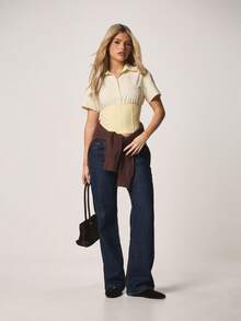 MISSGUIDED 层叠细条纹纽扣衬衫，配针织束腰带，短袖翻领上衣，适合春夏办公室穿着。 - 淡黃色 - 查看 3