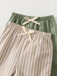 Cozy Pixies 2pcs Baby Boy Elastic Waist Pants With Decorative Ribbon - Green - View 3