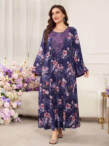 Al Najma 休闲印花蕾丝边长袖土耳其长袍/阿拉伯传统连衣裙，尺码齐全，适合春夏各种场合。 - 彩色 - 查看 5