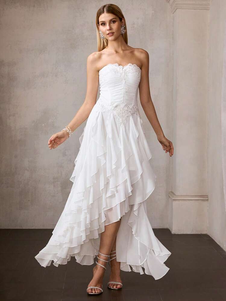 MOTF Soiréza ELEGANT FLORAL EMBROIDERY ASYMMETRIC HEM STRAPLESS COCKTAIL DRESS