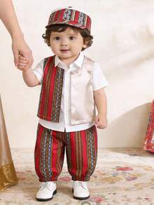 SHEIN Setelan Rompi dan Celana Panjang Model Lentera Motif Geometris Blok Warna untuk Bayi Laki-laki, Warna Putih, Gaya Boho Musim Panas, Pakaian Pesta Ulang Tahun, Formal, Pernikahan, dan Pertunjukan - MultiWarna - View 1