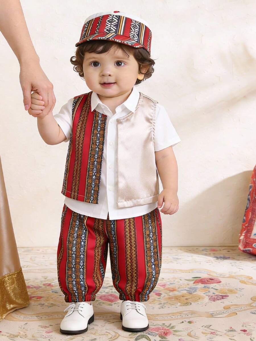 SHEIN Setelan Rompi dan Celana Panjang Model Lentera Motif Geometris Blok Warna untuk Bayi Laki-laki, Warna Putih, Gaya Boho Musim Panas, Pakaian Pesta Ulang Tahun, Formal, Pernikahan, dan Pertunjukan - MultiWarna - View 1