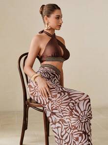 Swim Oasis Conjunto de 3 piezas de bikini y vestido de playa elegante de mujer con tela brillante marrón, tirantes cruzados y estampado jacquard, para vacaciones de verano - Marrón - Ver 5