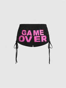 ROMWE J-Fashion Quần short nữ Y2K Baddie cạp siêu thấp in chữ, chất liệu lưới, xếp ly. - màu đen - Xem 1