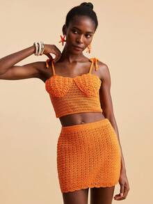 Travachic Women's Summer Sexy Beach Vacation Knotted Shoulder Pointelle Knit Sweater 2 Pieces Set - Orange - View 5