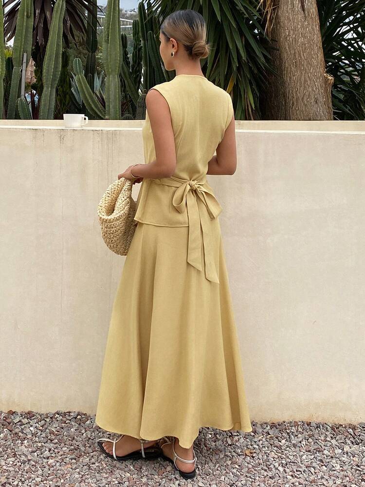 Women's Elegant Solid Color Asymmetric Vest & Skirt 2 Pieces Set, Spring/Summer