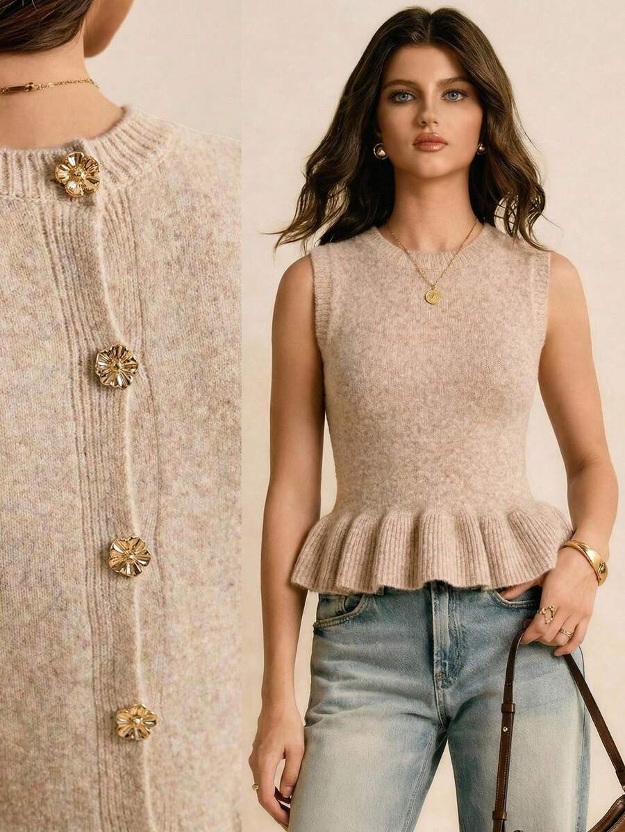 Poéselle Chaleco de punto con volantes para uso casual y de oficina para mujeres - Albaricoque - Ver 1