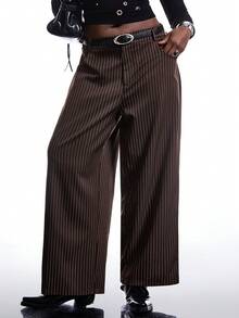 LYSMO 大码纯色条纹低腰纽扣装饰休闲复古阔腿裤，适合通勤、休闲外出和办公穿着，春秋季条纹女式工作裤 - 咖啡棕 - 查看 5
