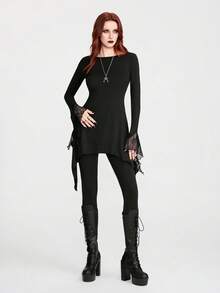Breakform Women's Gothic Style Boat Neck Asymmetrical Hem Knit Fabric Long Sleeve Asymmetrical Cuff Contrast Lace Regular T-Shirt - Black - View 4