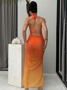 Swim SXY Women's Gradient Print Draped Neck Tie Waist Ruched Mesh Beach Maxi Dress, Summer