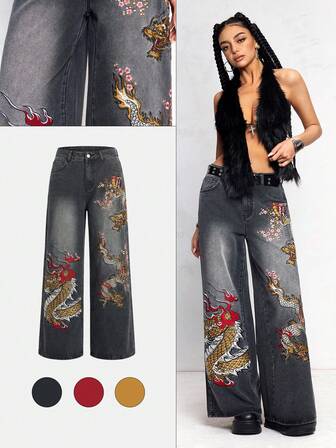 J-FASHION New Chinese Style Embroidered Distressed Washed Oversized Straight Leg Extra Long Y2K Jeans