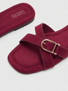 CUCCOO BIZCHIC 女士时尚酒红色绒面革系带凉鞋，金色搭扣 - 时尚露趾平底凉鞋，适合休闲和日常穿着 - 酒紅色 - 查看 5