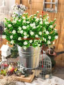 2/6Pcs 35cm/13.78" Artificial Fake Flowers, Artificial Boxwood Plants Imitation Outdoor Plastic Plants, UV Resistant Bushes, Fake Outdoor Plants For Indoor And Outdoor Decoration, Table Centerpiece Vase, Bookshelf, Bedroom, Wedding Celebration Bouquet, Outdoor Garden Decoration, Mother's Day Gift - White - View 3
