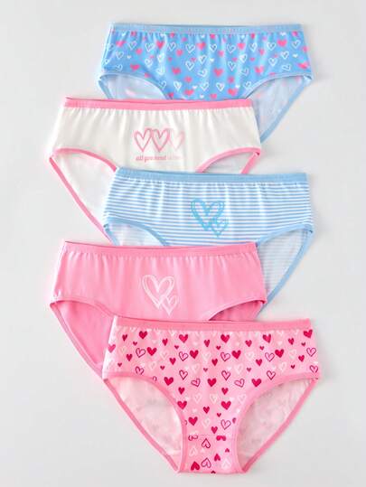 SHEIN Girls Teen Underwear 5-Pack Set - Valentine's Day Spring Summer Sweet Heart Pattern Pink Blue White Cotton Comfort Brief Panties Girls' Favorite Color Palette - Full Print Sweet Heart Pattern