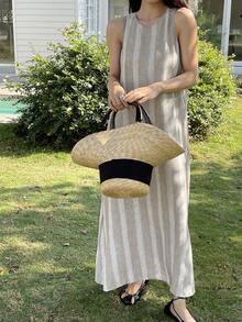 DAZY 女士休闲条纹无袖连衣裙，适合度假邮轮旅行，夏季连衣裙 - 棕色 - 查看 5