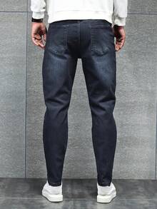 Manfinity Homme Quần jean denim nam cỡ lớn màu xanh đậm cổ điển dáng ôm, phong cách retro thường ngày, đa năng. - Rửa nhẹ - Xem 2