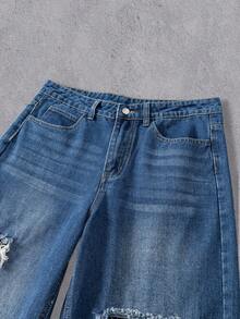 Manfinity LEGND Retro American Plaid Patchwork Loose Fit Distressed Wide Leg Jeans - Blue - View 4