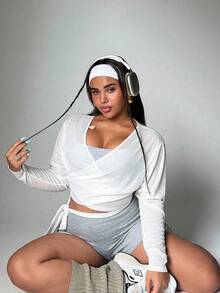 SHEIN Rhythm Era 两件套女士加大码长袖纹理薄纱面料可调节系带罩衫套装，休闲运动瑜伽日常穿着 - 白色 - 查看 4