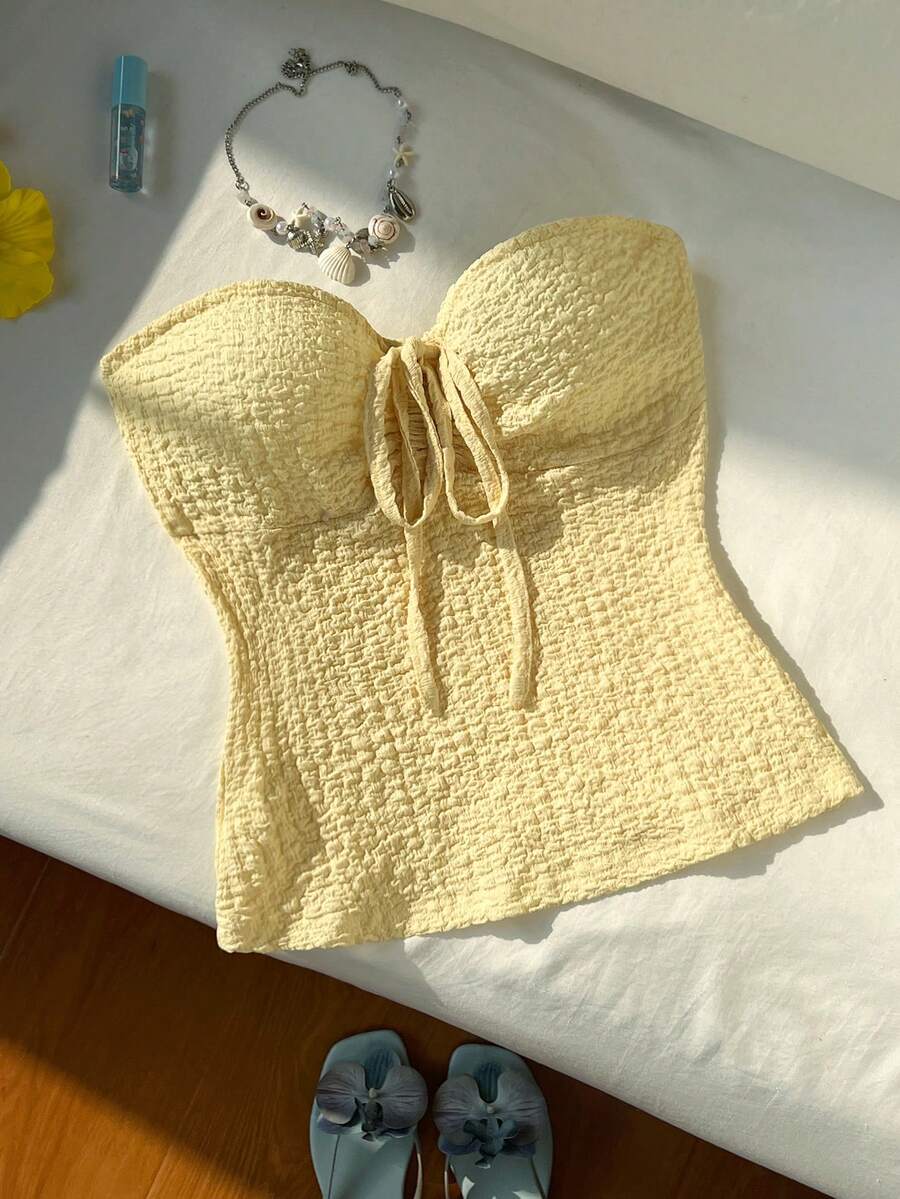 Franclia 女士纹理前系带抹胸上衣，夏季时尚 - 黃色 - 查看 1