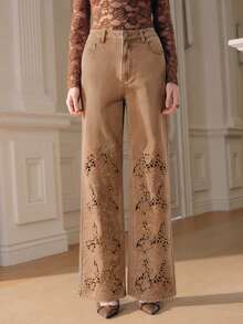 Anewsta Quần jeans nữ màu nâu thêu họa tiết cao cấp, thích hợp cho mùa xuân/hè, thanh lịch khi đi làm, hoặc dịp Lễ Tình nhân. - màu nâu - Xem 1